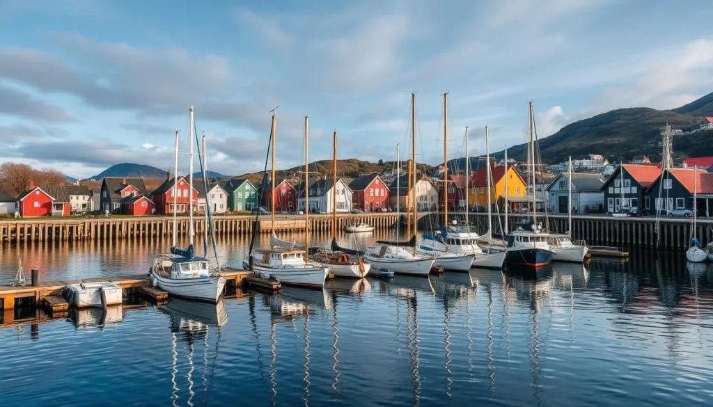 Generate an image of Grimstad's charming harbor with traditional Norwegian boats.