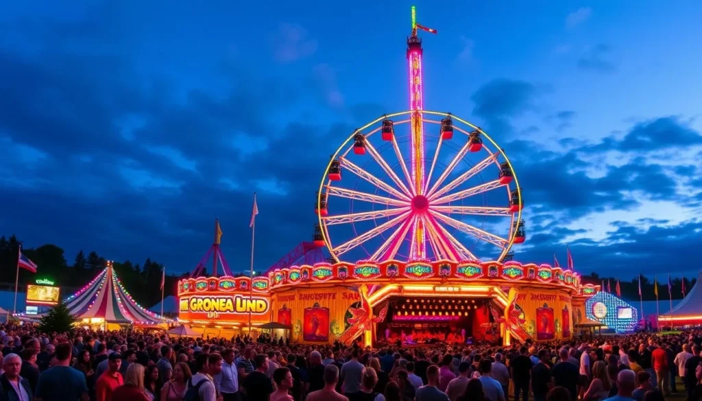 Generate an image of Gröna Lund amusement park with thrilling rides and a concert venue.