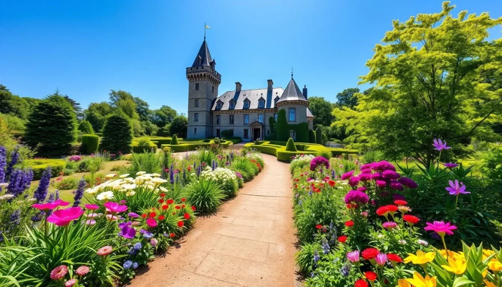 Generate an image of Gunnebo Castle with its gardens in full bloom