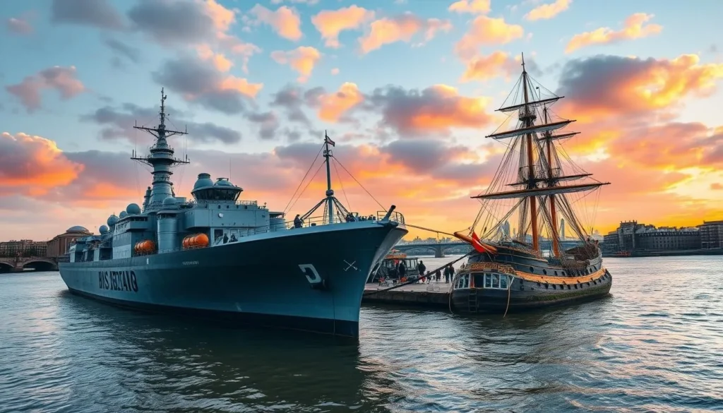 Generate an image of HMS Belfast and The Golden Hinde moored on the Thames.