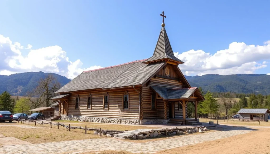 Generate an image of Habo Church, highlighting its wooden structure and picturesque setting.