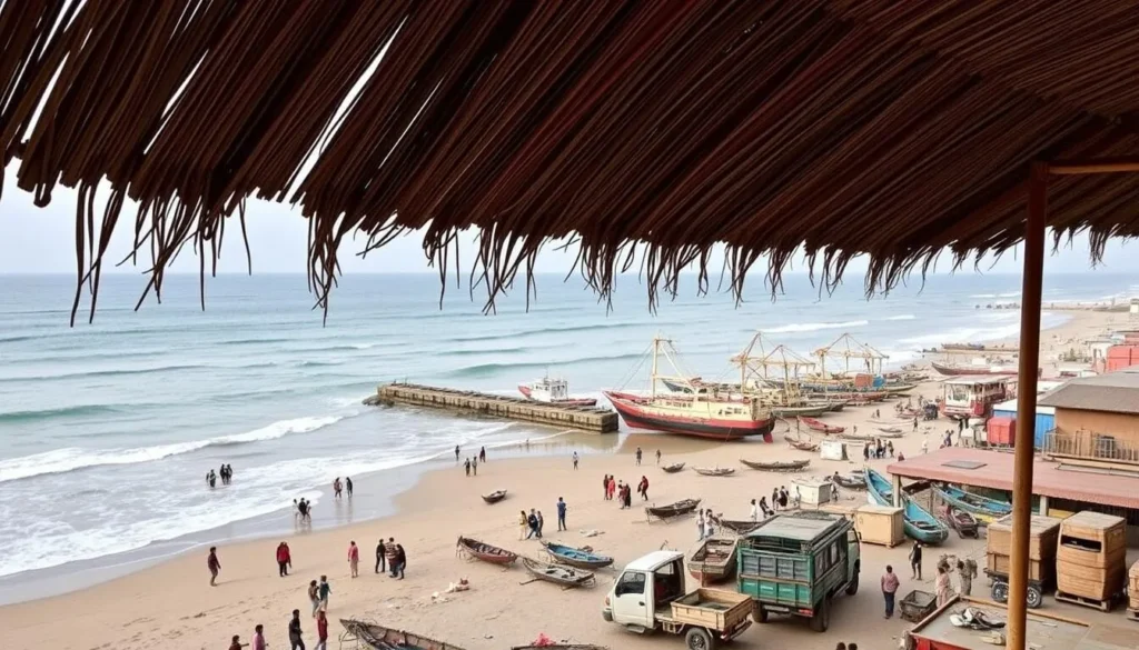 Generate an image of Hajira Village near Surat with its beach and shipping port