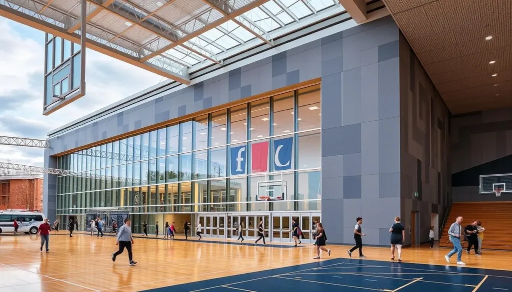 Generate an image of Håkons Hall Sports Center, showcasing its modern facilities and vibrant atmosphere.