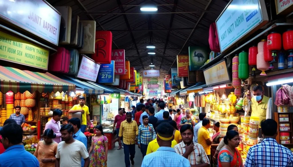 Generate an image of Hampankatta Market, a bustling traditional marketplace in Mangaluru.