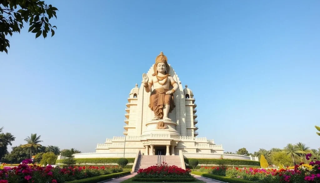 Generate an image of Hanuman Vatika with its towering Hanuman statue and serene gardens.