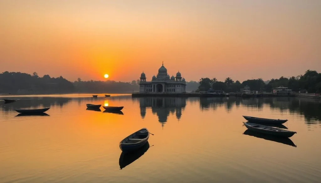 Generate an image of Hanumantal Bada Jain Mandir with boats on the lake during sunset.