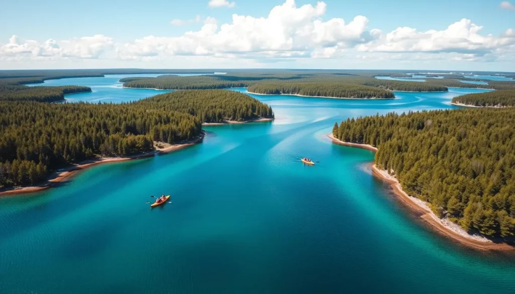 Generate an image of Haparanda Archipelago National Park during summer with people kayaking between islands.