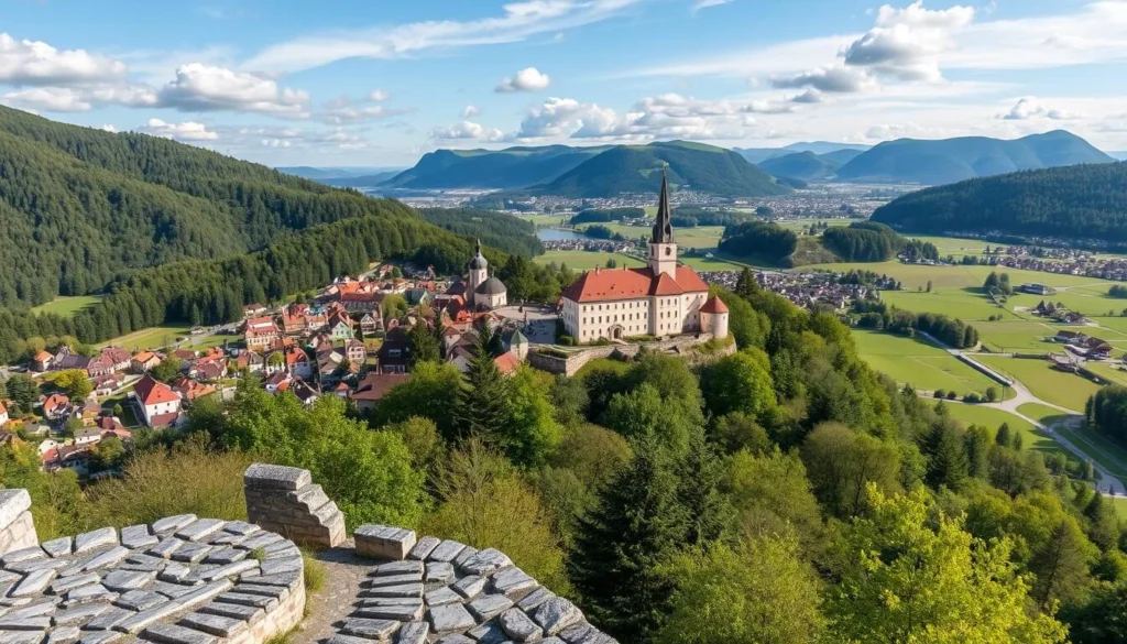 Generate an image of Hardegg Viewpoint looking down at Hardegg town and its castle.