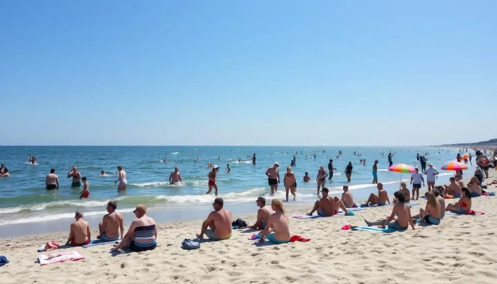 Generate an image of Helsingborg's beach with people enjoying the sun, sea, and sand.