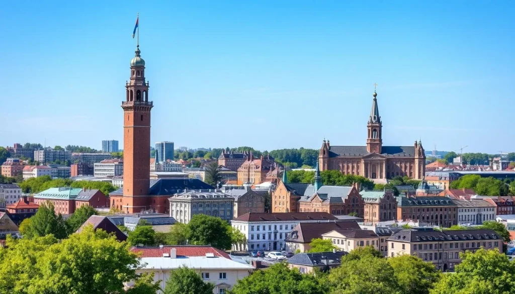 Generate an image of Helsingborg's cityscape with historical landmarks