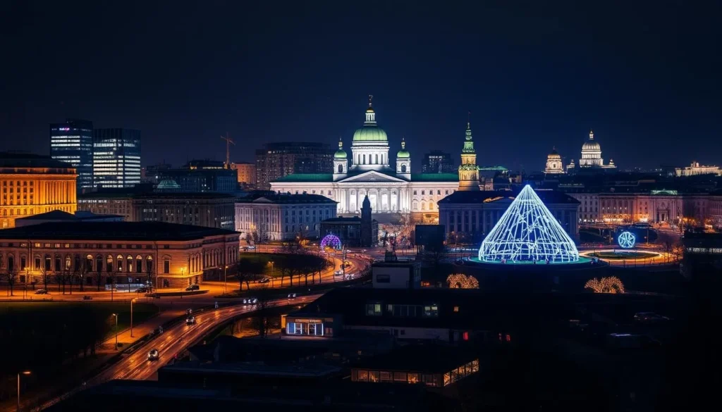 Generate an image of Helsinki's cityscape illuminated by stunning light art installations.