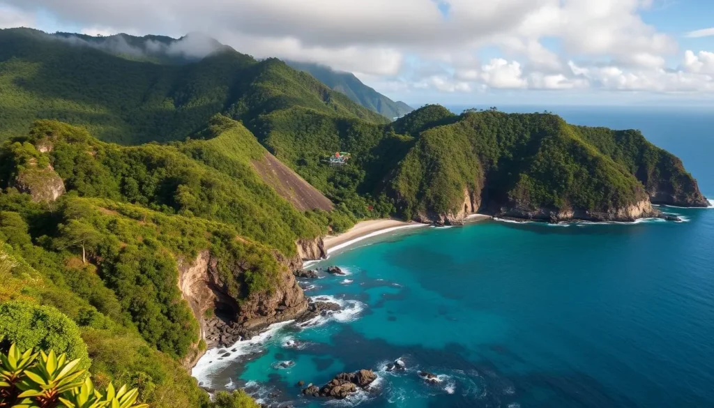 Generate an image of Henri Pittier National Park's diverse ecosystems, including cloud forests and coastal areas.