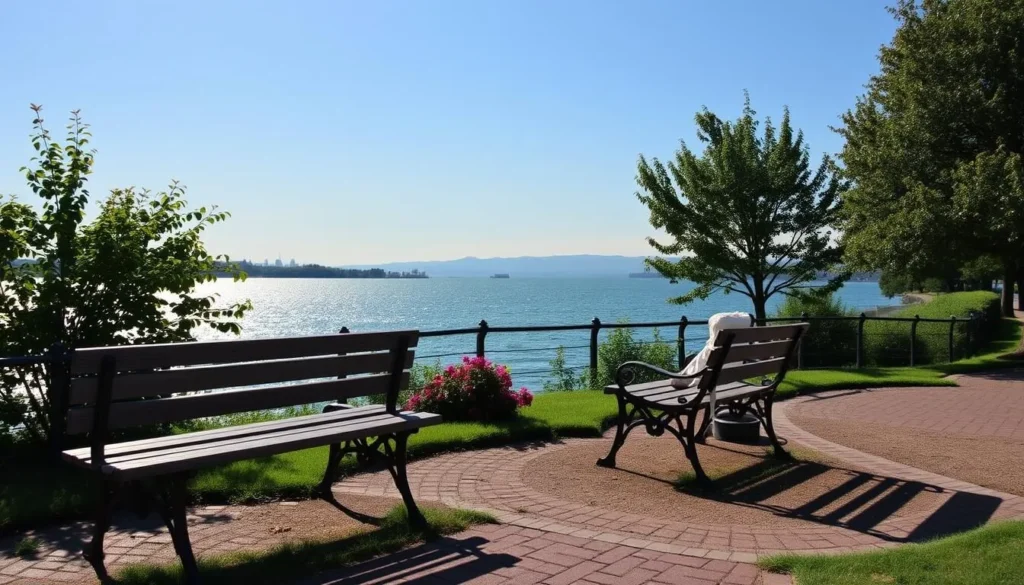 Generate an image of Henry Hudson Riverfront Park with benches overlooking the Hudson River.