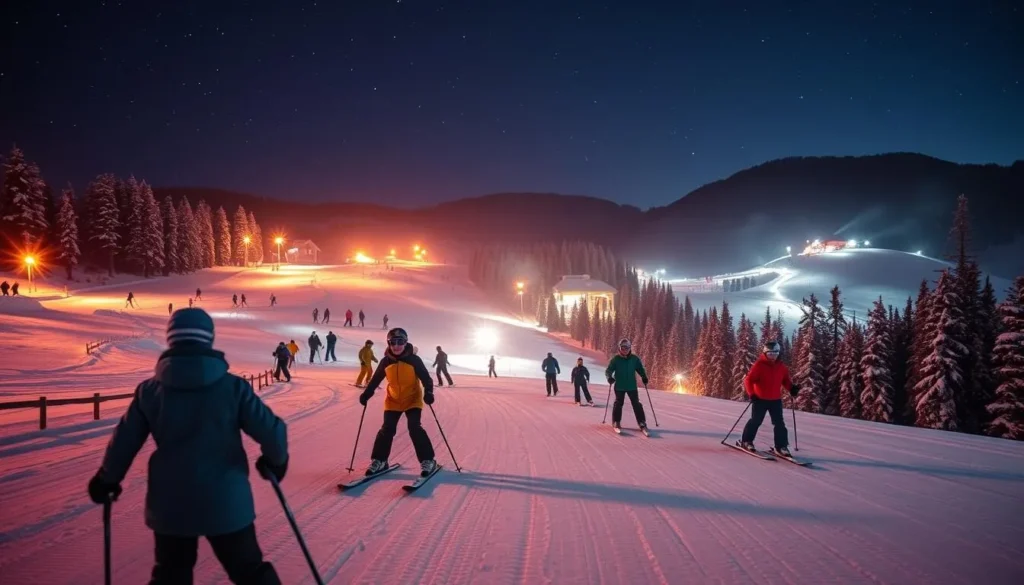 Generate an image of Hesperus Ski Area during night skiing with illuminated slopes and people skiing under the stars.