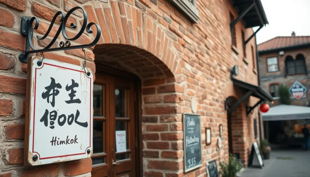 Generate an image of Himkok's exterior with a small sign and an old brick building.