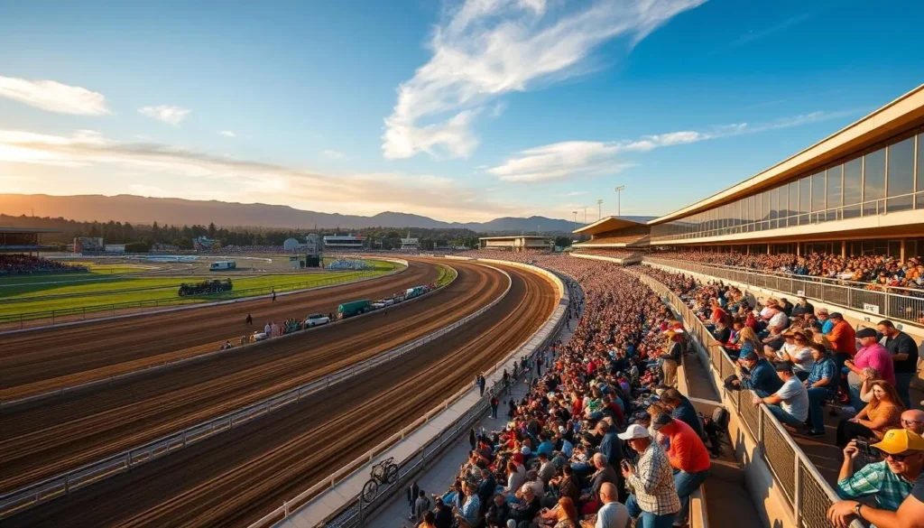 Generate an image of Hipódromo La Rinconada, showcasing its dirt track and grandstands on a race day.