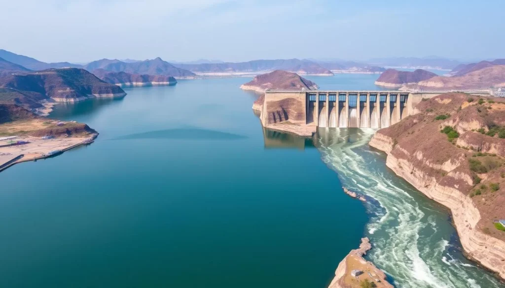 Generate an image of Hirakud Dam with the vast reservoir on one side and the river flowing through on the other.