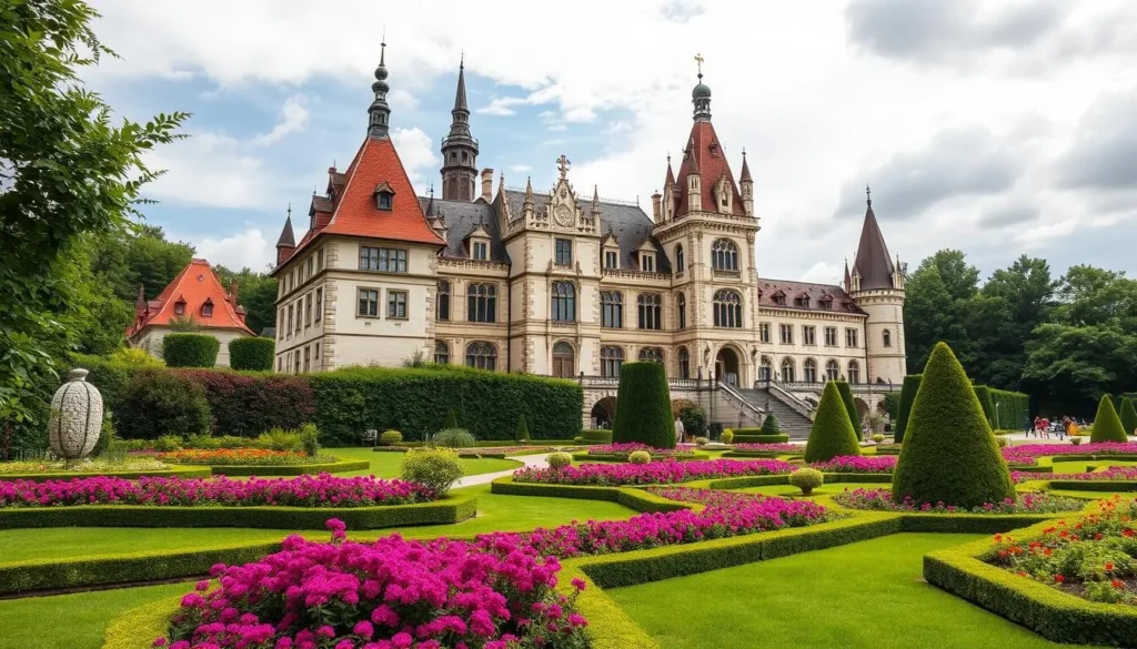 Generate an image of Hluboká Castle with its Neo-Gothic architecture and landscaped gardens.