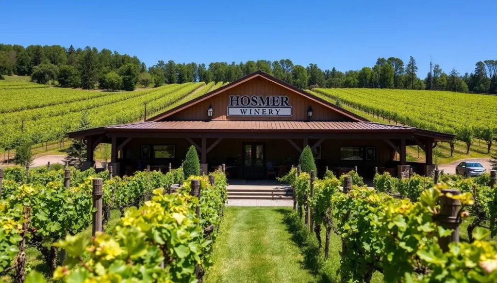 Generate an image of Hosmer Winery's vineyards and tasting area.