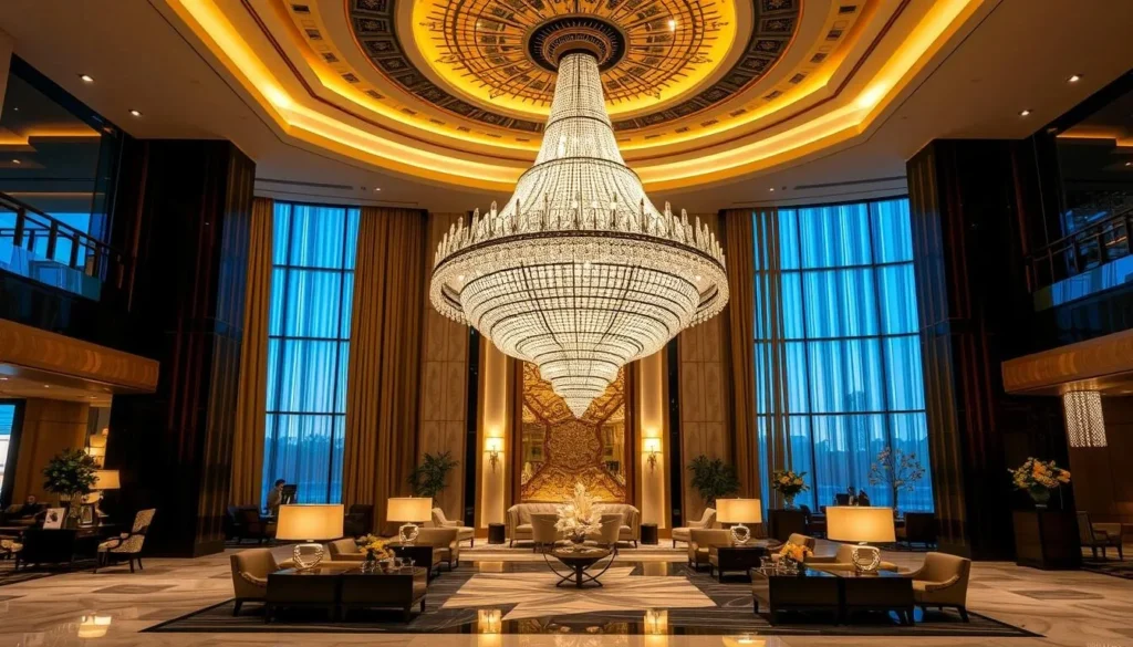 Generate an image of Hotel Olé Caribe's luxurious lobby with a grand chandelier and elegant decor.