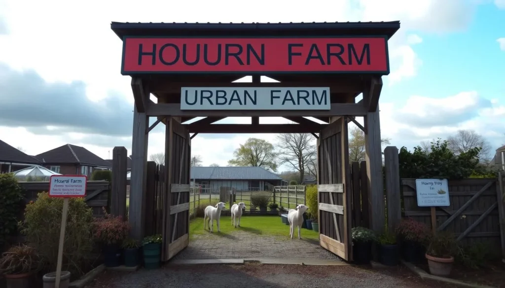 Generate an image of Hounslow Urban Farm's entrance, showcasing its rural charm amidst the urban landscape.