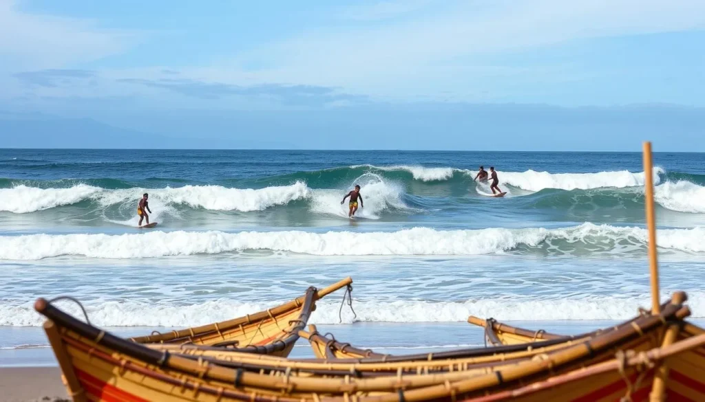 Generate an image of Huanchaco beach with surfers riding the waves and traditional reed fishing boats in the foreground.