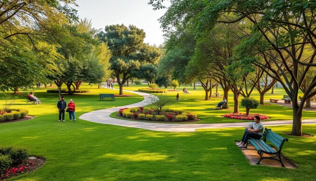 Generate an image of Huda City Park with lush greenery and walking paths.