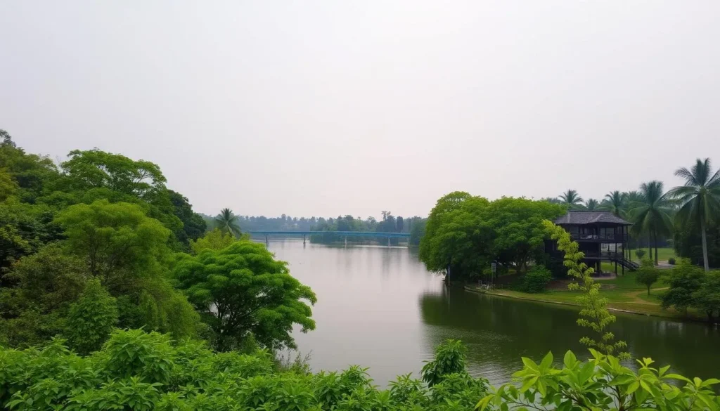 Generate an image of Hudco Lake, Jamshedpur, surrounded by lush greenery and featuring a serene lake.