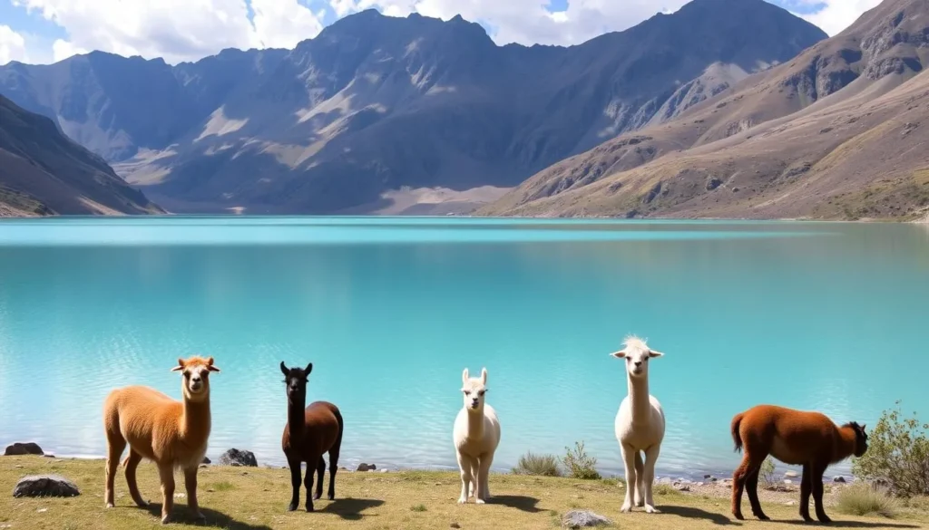 Generate an image of Humantay Lake with a serene atmosphere and a few llamas grazing nearby.
