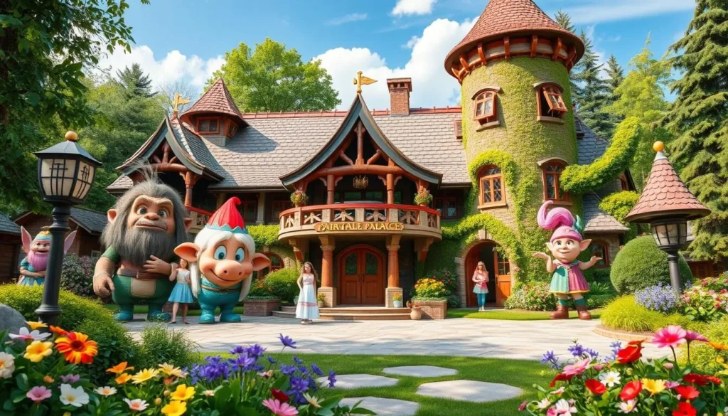 Generate an image of Hunderfossen Family Park's Fairytale Palace with animated figures from Norwegian folklore.