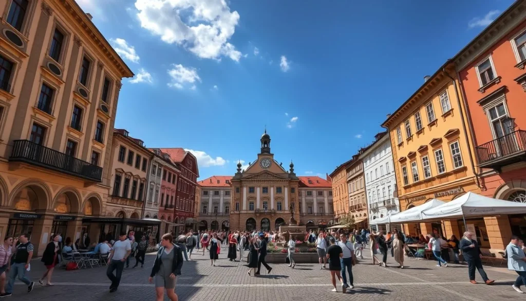 Generate an image of Husovo Square in Beroun, showcasing its historic buildings and lively atmosphere.