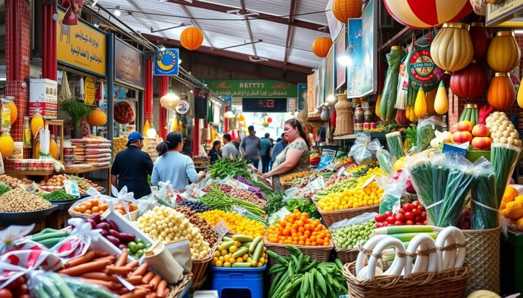 Generate an image of Ibb City Market, showcasing its vibrant atmosphere and diverse local products.