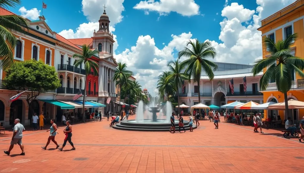Generate an image of Independence Square in Groningen, Suriname, showcasing its historic buildings and vibrant atmosphere.