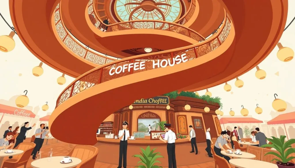 Generate an image of India Coffee House's distinctive spiral architecture and uniformed waiters.