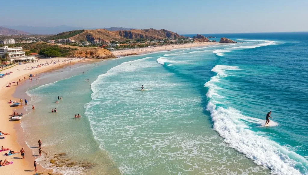 Generate an image of Injafa Beach, showcasing its natural beauty and recreational activities.