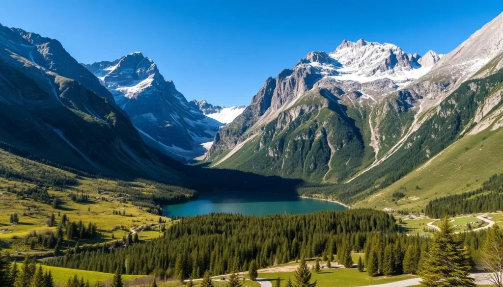 Generate an image of Innerdalen valley with majestic mountains and a serene lake.