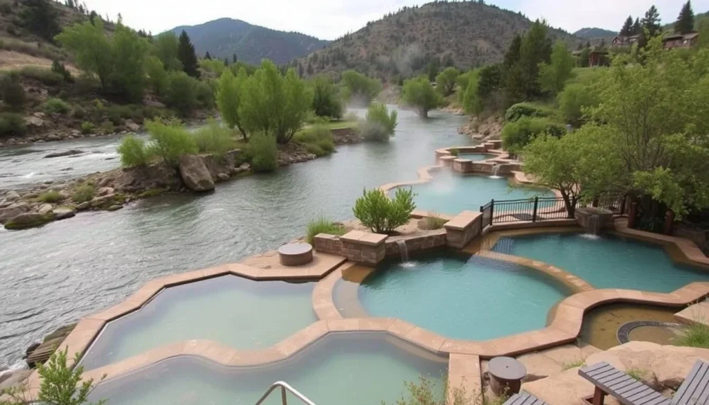 Generate an image of Iron Mountain Hot Springs, highlighting its serene riverside location and multiple hot spring pools.