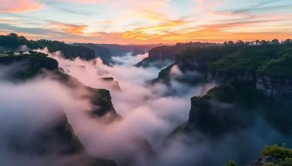 Generate an image of Itaimbezinho Canyon at sunrise with mist rising from the canyon floor.