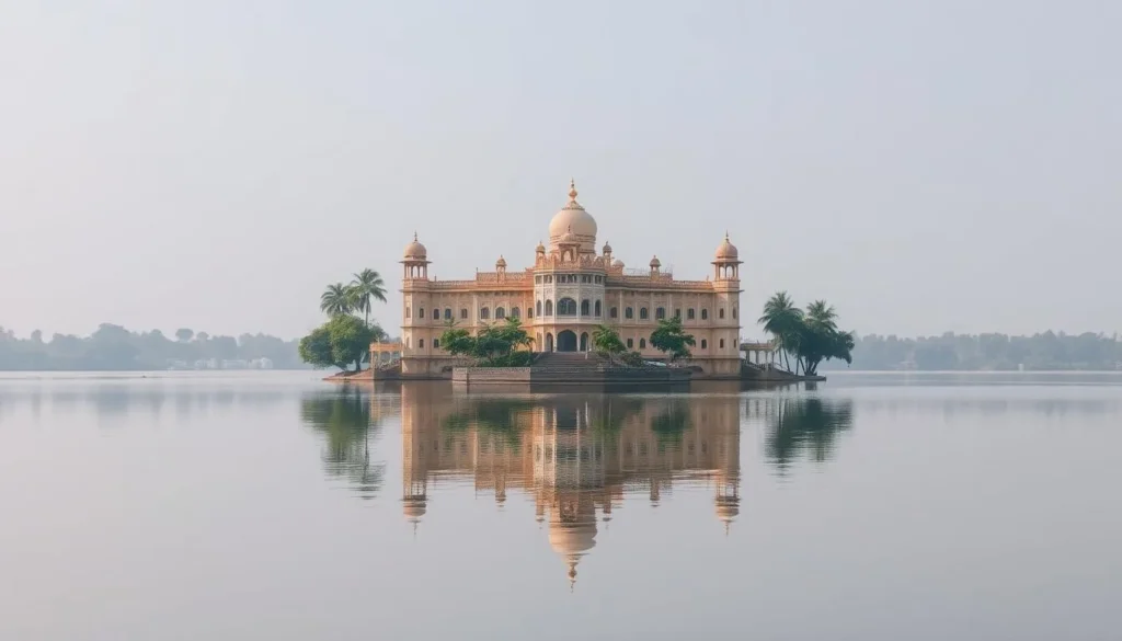 Generate an image of Jag Mandir Palace in Kota, situated on an island in Kishore Sagar Lake.