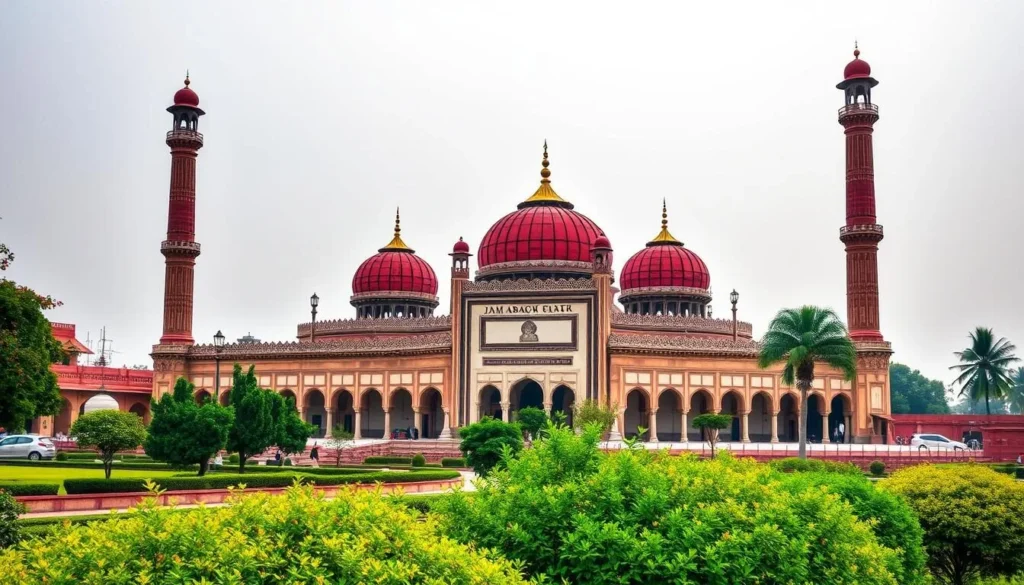 Generate an image of Jama Masjid Rampur, showcasing its majestic red domes and minarets.
