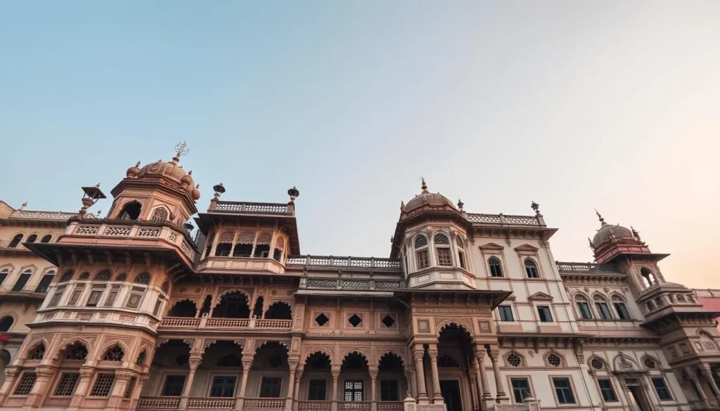 Generate an image of Jamnagar's historical architecture, showcasing a blend of Indian and European styles.