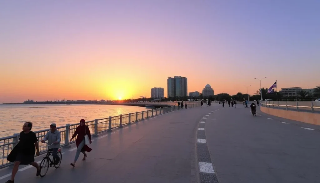 Generate an image of Jeddah Corniche at sunset with families strolling along the promenade.