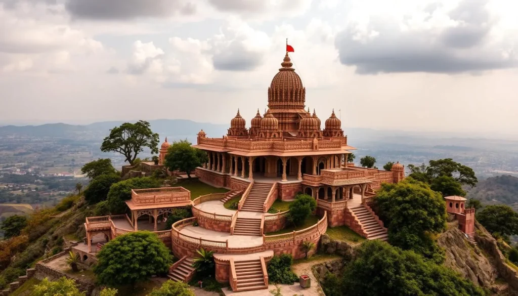 Generate an image of Jeenmata Temple, a hill-top spiritual retreat in Sikar, Rajasthan.