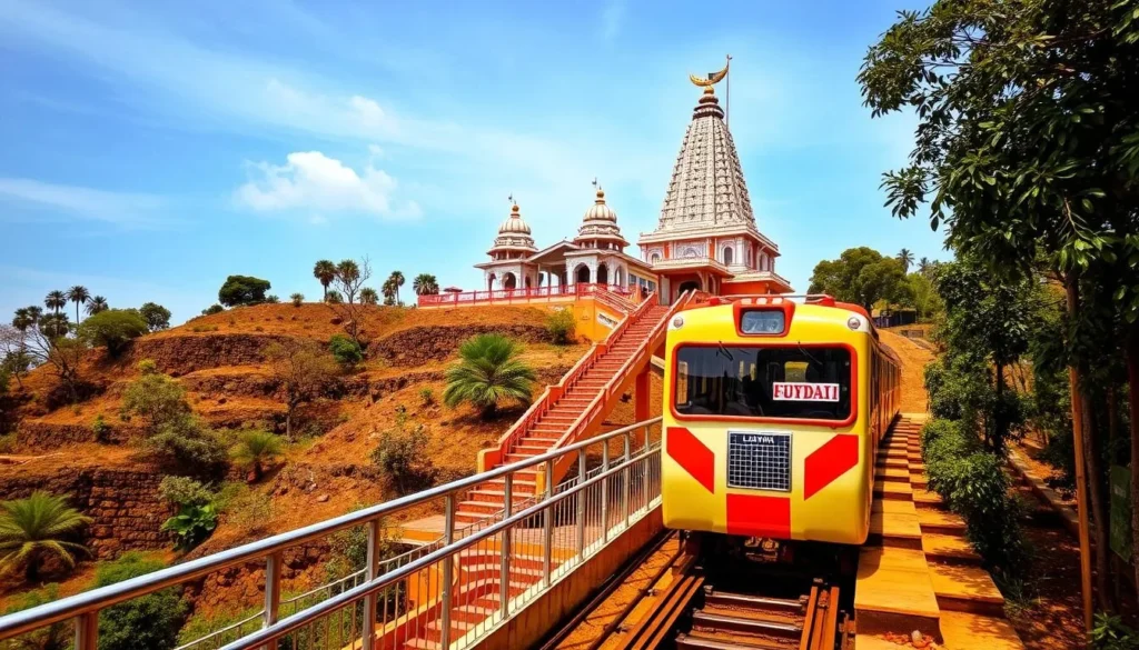 Generate an image of Jivdani Temple perched atop a hill in Virar East, with its modern funicular ride.