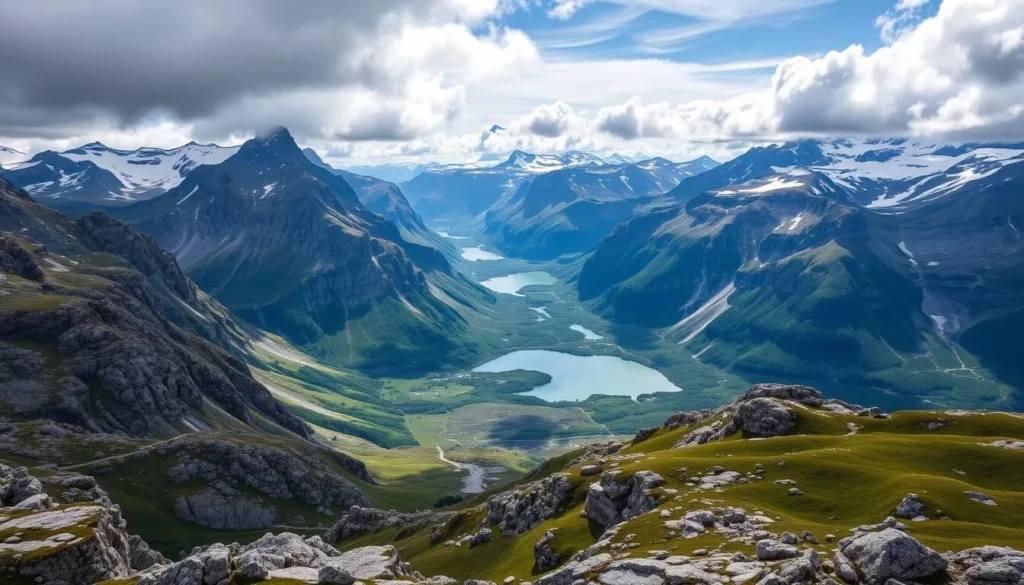 Generate an image of Jotunheimen National Park's rugged mountain peaks and serene valleys.