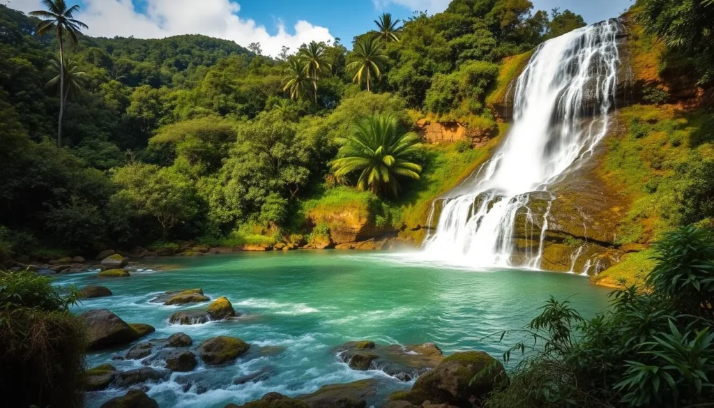 Generate an image of Juan Curi Waterfall in San Gil, Colombia, showcasing its natural beauty and surrounding landscape.