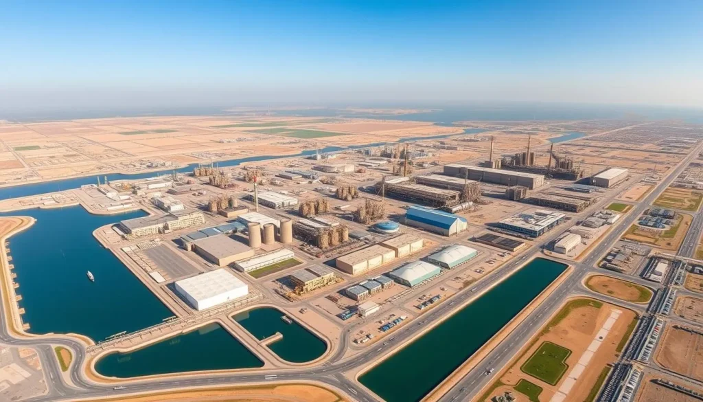 Generate an image of Jubail Industrial City's sprawling industrial complex