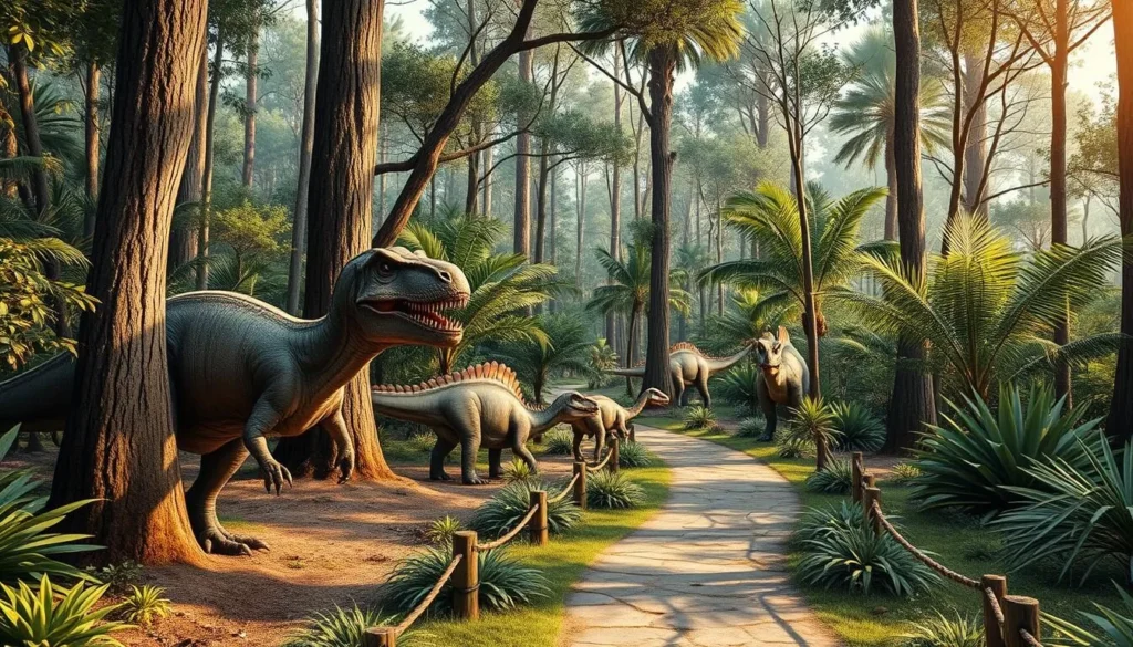 Generate an image of Jurassic Forest with life-sized dinosaurs along walking trails.