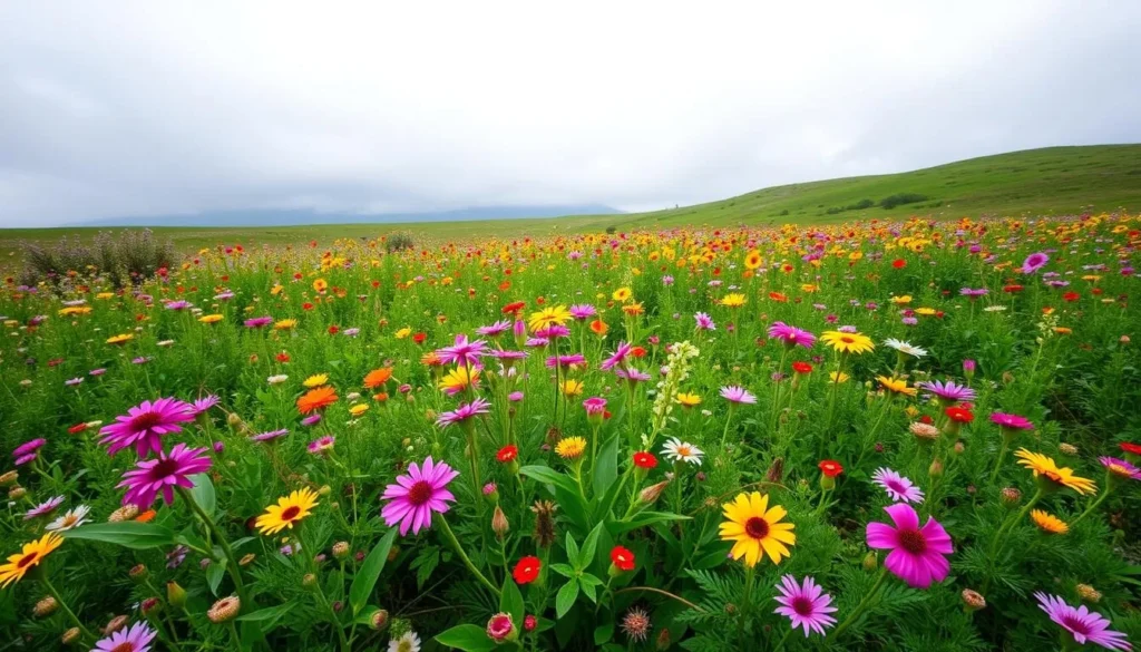 Generate an image of Kaas Plateau during the monsoon season with vibrant wildflowers
