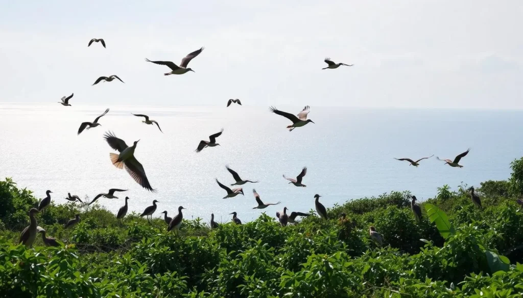 Generate an image of Kadalundi Bird Sanctuary, showcasing a variety of bird species near the Arabian Sea.